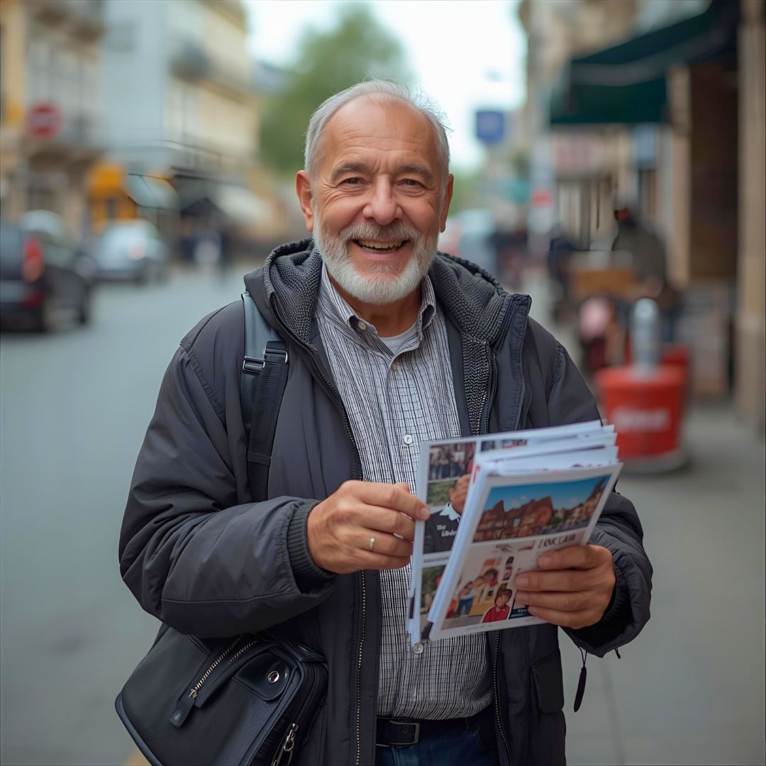 A smiling leaflet distributor delivering leaflets on a local high street